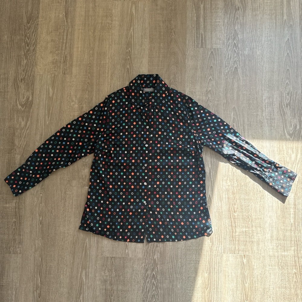 Vintage Kate Hill 100% Silk Black Shirt Multi Colored Floral Retro Vibe Size 14 - Picture 2 of 15